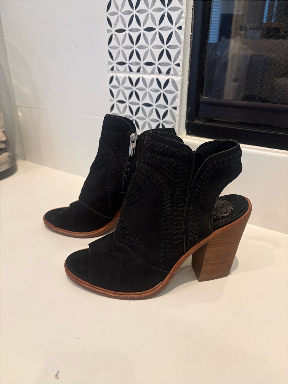Vince Camuto Black Suede Open-Toe Block Heel Booties